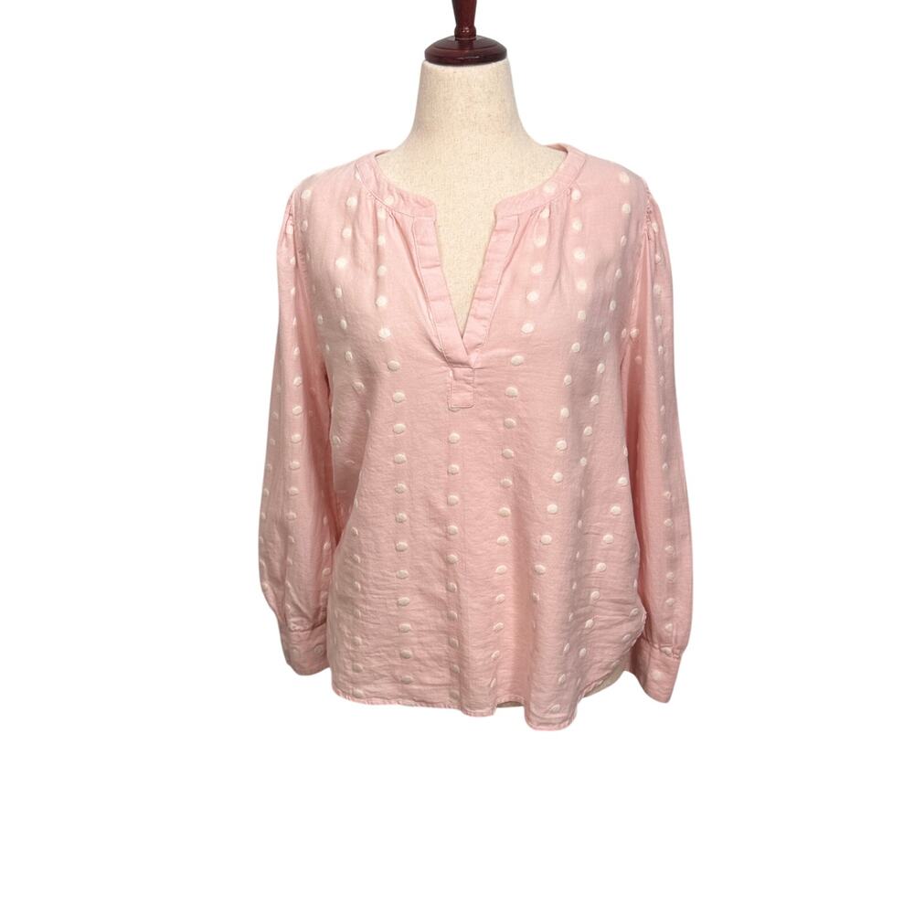Loft tunic long sleeve light pink & white raised dot pattern open neck Sz L